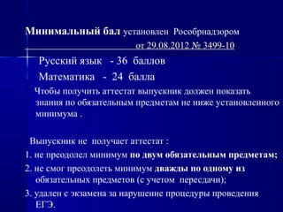 Минимальный бал установлен Рособрнадзором
от 29.08.2012 № 3499-10
Русский язык - 36 баллов
Математика - 24 балла
Чтобы получить аттестат выпускник должен показать
знания по обязательным предметам не ниже установленного
минимума .
Выпускник не получает аттестат :
1. не преодолел минимум по двум обязательным предметам;
2. не смог преодолеть минимум дважды по одному из
обязательных предметов (с учетом пересдачи);
3. удален с экзамена за нарушение процедуры проведения
ЕГЭ.
 