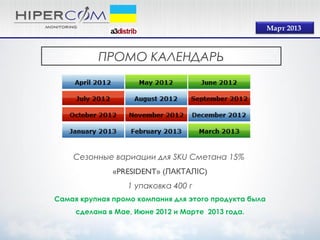 ПРОМО КАЛЕНДАРЬ
Сезонные вариации для SKU Сметана 15%
«PRESIDENT» ( )ЛАКТАЛІС
1 упаковка 400 г
Самая крупная промо компания для этого продукта была
сделана в Мае, Июне 2012 и Марте 2013 года.
Март 2013
 