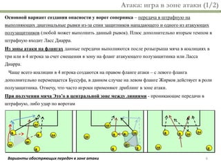 6
Атака: игра в зоне атаки (1/2)
Основной вариант создания опасности у ворот соперника – передача в штрафную на
выполняющих диагональные рывки из-за спин защитников нападающего и одного из атакующих
полузащитников (любой может выполнить данный рывок). Плюс дополнительно вторым темпом в
штрафную входит Ласс Диарра.
Из зоны атаки на флангах данные передачи выполняются после розыгрыша мяча в коалициях в
три или в 4 игрока за счет смещения в зону на фланг атакующего полузащитника или Ласса
Диарра.
Чаще всего коалиции в 4 игрока создаются на правом фланге атаки – с левого фланга
дополнительно перемещается Буссуфа, в данном случае на левом фланге Жирков действует в роли
полузащитника. Отмечу, что часто игроки применяют дриблинг в зоне атаки.
При получении мяча Это’о в центральной зоне между линиями - проникающие передачи в
штрафную, либо удар по воротам
85
9
18
6
14
8
19
85
9
18
6 14
8
19
2
9
18
6 14
19
2
Варианты обостряющих передач в зоне атаки
 