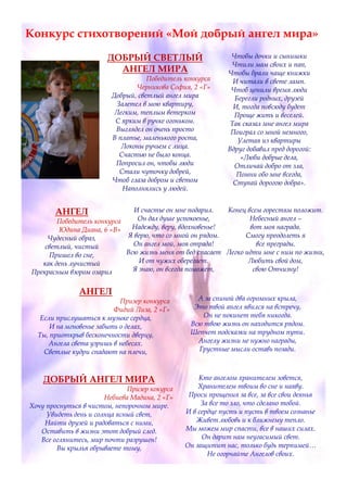 Конкурс стихотворений «Мой добрый ангел мира»
ДОБРЫЙ СВЕТЛЫЙ
АНГЕЛ МИРА
Победитель конкурса
Черникова София, 2 «Г»
Добрый, светлый ангел мира
Залетел в мою квартиру,
Легким, теплым ветерком
С ярким в ручке огоньком.
Выглядел он очень просто
В платье, маленького роста,
Локоны ручьем с лица.
Счастью не было конца.
Попросил он, чтобы люди
Стали чуточку добрей,
Чтоб глаза добром и светом
Наполнялись у людей.
Чтобы дочки и сынишки
Чтили мам своих и пап,
Чтобы брали чаще книжки
И читали в свете ламп.
Чтоб ценили время люди
Берегли родных, друзей
И, тогда повсюду будет
Проще жить и веселей.
Так сказал мне ангел мира
Поиграл со мной немного,
Улетая из квартиры
Вдруг добавил пред дорогой:
«Люби добрые дела,
Отличай добро от зла,
Помни обо мне всегда,
Ступай дорогою добра».
АНГЕЛ
Победитель конкурса
Юдина Диана, 6 «В»
Чудесный образ,
светлый, чистый
Пришел во сне,
как день лучистый
Прекрасным взором озарил
И счастье он мне подарил.
Он дал душе успокоенье,
Надежду, веру, вдохновенье!
Я верю, что со мной он рядом.
Он ангел мой, моя отрада!
Всю жизнь меня от бед спасает
И от чужих оберегает.
Я знаю, он всегда поможет,
Конец всем горестям положит.
Небесный ангел –
вот моя награда.
Смогу преодолеть я
все преграды.
Легко идти мне с ним по жизни,
Любить свой дом,
свою Отчизну!
АНГЕЛ
Призер конкурса
Фидий Лиза, 2 «Г»
Если прислушаться к музыке сердца,
И на мгновенье забыть о делах,
Ты, приоткрыв бесконечности дверцу,
Ангела света узришь в небесах.
Светлые кудри спадают на плечи,
А за спиной два огромных крыла,
Это твой ангел явился на встречу,
Он не покинет тебя никогда.
Всю твою жизнь он находится рядом.
Шепчет подсказки на трудном пути.
Ангелу жизни не нужно награды,
Грустные мысли оставь позади.
ДОБРЫЙ АНГЕЛ МИРА
Призер кокурса
Небиева Мадина, 2 «Г»
Хочу проснуться в чистом, непорочном мире.
Увидеть день и солнца ясный свет,
Найти друзей и радоваться с ними,
Оставить в жизни этот добрый след.
Все оглянитесь, мир почти разрушен!
Вы крылья обрываете тому,
Кто ангелом хранителем зовется,
Хранителем твоим во сне и наяву.
Проси прощения за все, за все свои деянья
За все то зло, что сделано тобой.
И в сердце пусть и пусть в твоем сознанье
Живет любовь и к ближнему тепло.
Мы можем мир спасти, все в наших силах.
Он дарит нам неугасимый свет.
Он защитит нас, только будь терпимей…
Не огорчайте Ангелов своих.
 