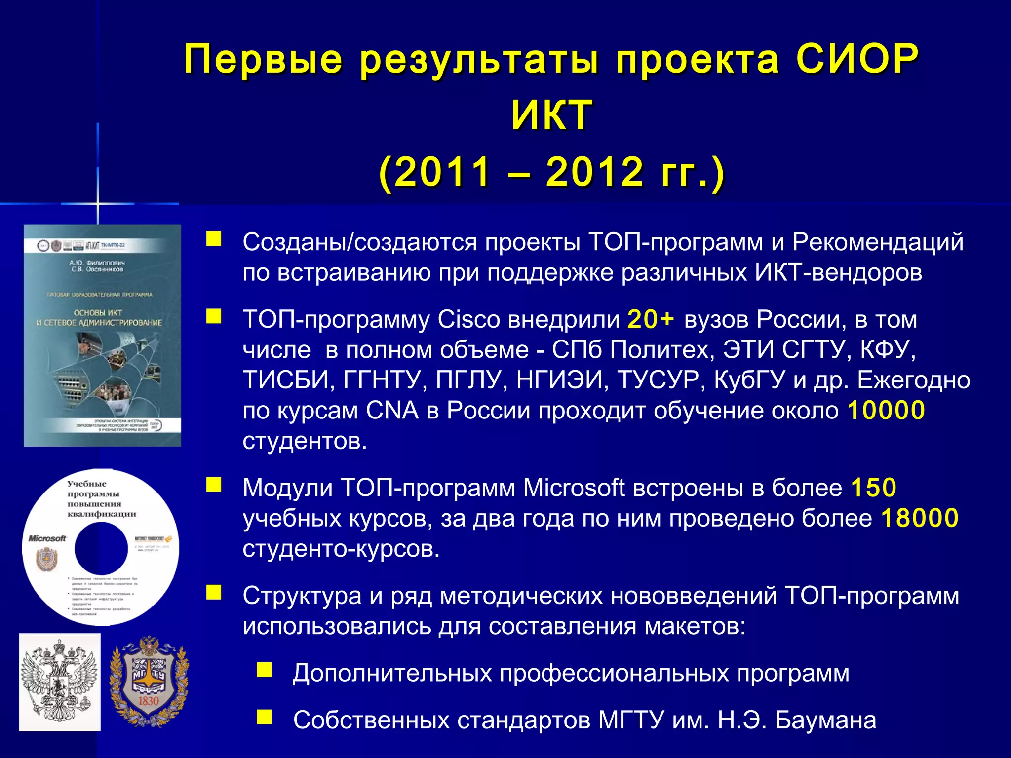 Первые результаты проекта СИОРПервые результаты проекта СИОР
ИКТИКТ
(2011 – 2012(2011 – 2012 гг.гг.))
 Созданы/создаются проекты ТОП-программ и Рекомендаций
по встраиванию при поддержке различных ИКТ-вендоров
 ТОП-программу Cisco внедрили 20+ вузов России, в том
числе в полном объеме - СПб Политех, ЭТИ СГТУ, КФУ,
ТИСБИ, ГГНТУ, ПГЛУ, НГИЭИ, ТУСУР, КубГУ и др. Ежегодно
по курсам CNA в России проходит обучение около 10000
студентов.
 Модули ТОП-программ Microsoft встроены в более 150
учебных курсов, за два года по ним проведено более 18000
студенто-курсов.
 Структура и ряд методических нововведений ТОП-программ
использовались для составления макетов:
 Дополнительных профессиональных программ
 Собственных стандартов МГТУ им. Н.Э. Баумана
 