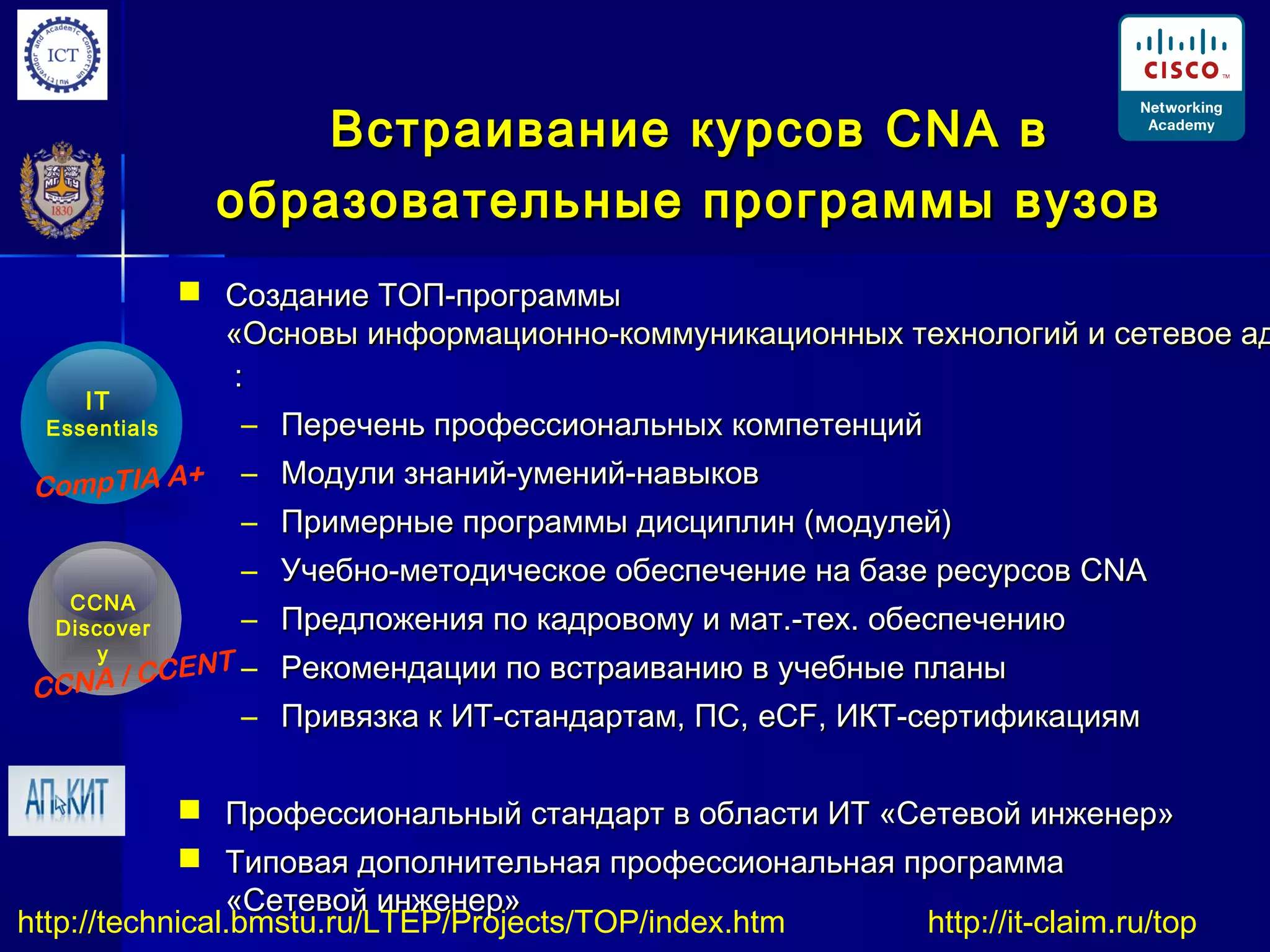 Встраивание курсовВстраивание курсов CNACNA вв
образовательные программы вузовобразовательные программы вузов
 Создание ТОП-программыСоздание ТОП-программы
«Основы информационно-коммуникационных технологий и сетевое ад«Основы информационно-коммуникационных технологий и сетевое ад
::
– Перечень профессиональных компетенцийПеречень профессиональных компетенций
– Модули знаний-умений-навыковМодули знаний-умений-навыков
– Примерные программы дисциплин (модулей)Примерные программы дисциплин (модулей)
– Учебно-методическое обеспечение на базе ресурсовУчебно-методическое обеспечение на базе ресурсов CNACNA
– Предложения по кадровому и мат.-тех. обеспечениюПредложения по кадровому и мат.-тех. обеспечению
– Рекомендации по встраиванию в учебные планыРекомендации по встраиванию в учебные планы
– Привязка к ИТ-стандартам, ПС,Привязка к ИТ-стандартам, ПС, eCF,eCF, ИКТ-сертификациямИКТ-сертификациям
 Профессиональный стандарт в области ИТ «Сетевой инженер»Профессиональный стандарт в области ИТ «Сетевой инженер»
 Типовая дополнительная профессиональная программаТиповая дополнительная профессиональная программа
«Сетевой инженер»«Сетевой инженер»
IT
Essentials
CompTIA A+
CCNA
Discover
y
CCNA / CCENT
http://technical.bmstu.ru/LTEP/Projects/TOP/index.htm http://it-claim.ru/top
 