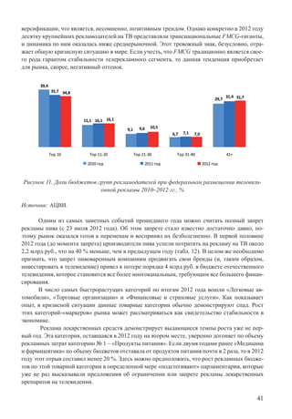 41
версификации, что является, несомненно, позитивным трендом. Однако конкретно в 2012 году
десятку крупнейших рекламодателей на ТВ представляли транснациональные FMCG-гиганты,
и динамика по ним оказалась ниже среднерыночной. Этот тревожный знак, безусловно, отра-
жает общую кризисную ситуацию в мире. Если учесть, что FMCG традиционно является свое-
го рода гарантом стабильности телерекламного сегмента, то данная тенденция приобретает
для рынка, скорее, негативный оттенок.
29,7
31,4
39,4
15,1
9,1
6,7
35,7
16,1
9,6
7,1
34,8
16,1
10,5
7,0
31,7
Top 10 Top 11-20 Top 21-30 Top 31-40 41+
2010 год 2011 год 2012 год
Рисунок 11. Доли бюджетов групп рекламодателей при федеральном размещении телевизи-
онной рекламы 2010–2012 гг., %
Источник: АЦВИ.
Одним из самых заметных событий прошедшего года можно считать полный запрет
рекламы пива (с 23 июля 2012 года). Об этом запрете стало известно достаточно давно, по-
этому рынок оказался готов к переменам и воспринял их безболезненно. В первой половине
2012 года (до момента запрета) производители пива успели потратить на рекламу на ТВ около
2,2 млрд руб., что на 40 % меньше, чем в предыдущем году (табл. 12). В целом же необходимо
признать, что запрет пивоваренным компаниям продвигать свои бренды (и, таким образом,
инвестировать в телевидение) привел к потере порядка 4 млрд руб. в бюджете отечественного
телевидения, которое становится все более многоканальным, требующим все большего финан-
сирования.
В число самых быстрорастущих категорий по итогам 2012 года вошли «Легковые ав-
томобили», «Торговые организации» и «Финансовые и страховые услуги». Как показывает
опыт, в кризисной ситуации данные товарные категории обычно демонстрируют спад. Рост
этих категорий-«маркеров» рынка может рассматриваться как свидетельство стабильности в
экономике.
Реклама лекарственных средств демонстрирует выдающиеся темпы роста уже не пер-
вый год. Эта категория, оставшаяся в 2012 году на втором месте, уверенно догоняет по объему
рекламных затрат категорию № 1 – «Продукты питания». Если двумя годами ранее «Медицина
и фармацевтика» по объему бюджетов отставала от продуктов питания почти в 2 раза, то в 2012
году этот отрыв составил менее 20 %. Здесь можно предположить, что рост рекламных бюдже-
тов по этой товарной категории в определенной мере «подстегивают» парламентарии, которые
уже не раз высказывали предложения об ограничении или запрете рекламы лекарственных
препаратов на телевидении.
 