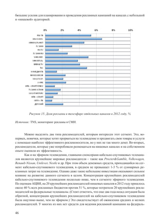 46
большие усилия для планирования и проведения рекламных кампаний на каналах с небольшой
и «нишевой» аудиторией.
Рисунок 15. Доля рекламы в телеэфире отдельных каналов в 2012 году, %
Источник: TNS, мониторинг рекламы в СМИ.
Можно выделить два типа рекламодателей, которым интересен этот сегмент. Это, во-
первых, новички, которые хотят прорваться на телевидение и продвигать свои товары и услуги
с помощью наиболее эффективного рекламоносителя, но у них не так много денег. Во-вторых,
рекламодатели, которые уже попробовали размещаться на нишевых каналах и на собственном
опыте оценили их эффективность.
Как и на эфирном телевидении, главными спонсорами кабельно-спутниковых телекана-
лов являются крупнейшие мировые рекламодатели – такие как Procter&Gamble, Volkswagen,
Renault-Nissan, Unilever, Nestle и др. При этом объем денежных средств, приходящийся на сег-
мент кабельно-спутникового телевидения, в среднем не превышает 1-3 % от суммарных ре-
кламных затрат на телевидение. Однако даже такие небольшие инвестиции оказывают сильное
влияние на развитие данного сегмента в целом. Концентрация крупнейших рекламодателей
кабельно-спутникового телевидения несколько ниже, чем в сегменте эфирного телевидения.
По оценкам АЦВИ, на 20 крупнейших рекламодателей нишевых каналов в 2012 году пришлось
около 40 % всех рекламных бюджетов против 51 %, которые потратили 20 крупнейших рекла-
модателей на федеральные телеканалы. (Стоит отметить, что еще два года назад ситуация была
обратной, концентрация крупнейших рекламодателей на кабельно-спутниковом телевидении
была ощутимо выше, чем на эфирном.) Это свидетельствует об оживлении средних и мелких
рекламодателей. У многих из них нет средств для ведения рекламной кампании на федераль-
 