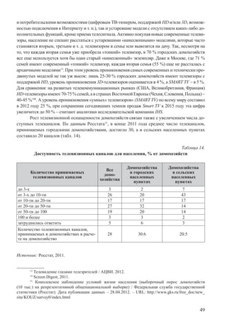 49
и потребительскими возможностями (цифровым ТВ-тюнером, поддержкой HD и/или 3D, возмож-
ностью подключения к Интернету и т. п.), так и устаревшие модели с отсутствием каких-либо до-
полнительных функций, кроме приема телесигнала. Активно покупая новые современные телеви-
зоры, население не спешит расстаться с устаревшими «кинескопными» моделями, которые часто
становятся вторым, третьим и т. д. телевизором в семье или вывозятся на дачу. Так, несмотря на
то, что каждая вторая семья уже приобрела «тонкий» телевизор, в 70 % городских домохозяйств
все еще используется хотя бы один старый «кинескопный» экземпляр. Даже в Москве, где 71 %
семей имеют современный «тонкий» телевизор, каждая вторая семья (55 %) еще не рассталась с
архаичными моделями13
. При этом уровень проникновения самых современных и технически про-
двинутых моделей не так уж высок: лишь 25-30 % городских домохозяйств имеют телевизоры с
поддержкой HD, уровень проникновения 3D-телевизоров оценивается в 4 %, а SMART TV – в 5 %.
Для сравнения: на развитых телекоммуникационных рынках (США, Великобритания, Франция)
HD-телевизорыимеют70-75%семей,австранахВосточнойЕвропы(Чехия,Словения,Польша)–
40-45 %148
. А уровень проникновения «умных» телевизоров» (SMART TV) по всему миру составил
в 2012 году 25 %, при сохранении сегодняшних темпов продаж Smart TV к 2015 году эта цифра
увеличится до 50 % – считают аналитики исследовательской компании IHS.
Рост телевизионной оснащенности домохозяйств связан также с увеличением числа до-
ступных телеканалов. По данным Росстата15
, в конце 2011 года среднее число телеканалов,
принимаемых городскими домохозяйствами, достигло 30, а в сельских населенных пунктах
составило 20 каналов (табл. 14).
Таблица 14.
Доступность телевизионных каналов для населения, % от домохозяйств
Количество принимаемых
телевизионных каналов
Все
домо-
хозяйства
Домохозяйства
в городских
населенных
пунктах
Домохозяйства
в сельских
населенных
пунктах
до 3-х 3 2 7
от 3-х до 10-ти 26 20 43
от 10-ти до 20-ти 17 17 17
от 20-ти до 50-ти 27 32 14
от 50-ти до 100 19 20 14
100 и более 3 3 2
затруднились ответить 5 6 3
Количество телевизионных каналов,
принимаемых в домохозяйствах в расче-
те на домохозяйство
28 30.6 20.5
Источник: Росстат, 2011.
13
Телевидение глазами телезрителей / АЦВИ. 2012.
14
Screen Digest, 2011.
15
Комплексное наблюдение условий жизни населения (выборочный опрос домохозяйств
(10 тыс.) на репрезентативной общенациональной выборке) / Федеральная служба государственной
статистики (Росстат). Дата публикации данных – 28.04.2012. – URL: http://www.gks.ru/free_doc/new_
site/KOUZ/survey0/index.html
 