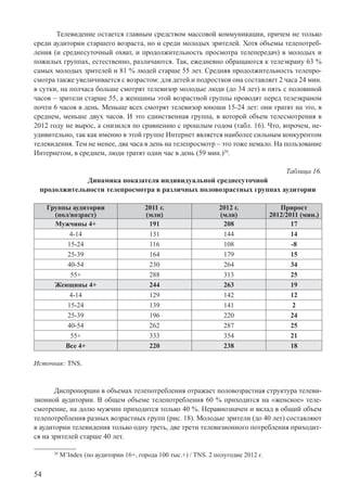54
Телевидение остается главным средством массовой коммуникации, причем не только
среди аудитории старшего возраста, но и среди молодых зрителей. Хотя объемы телепотреб-
ления (и среднесуточный охват, и продолжительность просмотра телепередач) в молодых и
пожилых группах, естественно, различаются. Так, ежедневно обращаются к телеэкрану 63 %
самых молодых зрителей и 81 % людей старше 55 лет. Средняя продолжительность телепро-
смотра также увеличивается с возрастом: для детей и подростков она составляет 2 часа 24 мин.
в сутки, на полчаса больше смотрят телевизор молодые люди (до 34 лет) и пять с половиной
часов – зрители старше 55, а женщины этой возрастной группы проводят перед телеэкраном
почти 6 часов в день. Меньше всех смотрят телевизор юноши 15-24 лет: они тратят на это, в
среднем, меньше двух часов. И это единственная группа, в которой объем телесмотрения в
2012 году не вырос, а снизился по сравнению с прошлым годом (табл. 16). Что, впрочем, не-
удивительно, так как именно в этой группе Интернет является наиболее сильным конкурентом
телевидения. Тем не менее, два часа в день на телепросмотр – это тоже немало. На пользование
Интернетом, в среднем, люди тратят один час в день (59 мин.)20
.
Таблица 16.
Динамика показателя индивидуальной среднесуточной
продолжительности телепросмотра в различных половозрастных группах аудитории
Группы аудитории
(пол/возраст)
2011 г.
(млн)
2012 г.
(млн)
Прирост
2012/2011 (мин.)
Мужчины 4+ 191 208 17
4-14 131 144 14
15-24 116 108 -8
25-39 164 179 15
40-54 230 264 34
55+ 288 313 25
Женщины 4+ 244 263 19
4-14 129 142 12
15-24 139 141 2
25-39 196 220 24
40-54 262 287 25
55+ 333 354 21
Все 4+ 220 238 18
Источник: TNS.
Диспропорции в объемах телепотребления отражает половозрастная структура телеви-
зионной аудитории. В общем объеме телепотребления 60 % приходится на «женское» теле-
смотрение, на долю мужчин приходится только 40 %. Неравнозначен и вклад в общий объем
телепотребления разных возрастных групп (рис. 18). Молодые зрители (до 40 лет) составляют
в аудитории телевидения только одну треть, две трети телевизионного потребления приходит-
ся на зрителей старше 40 лет.
20
M’Index (по аудитории 16+, города 100 тыс.+) / TNS. 2 полугодие 2012 г.
 