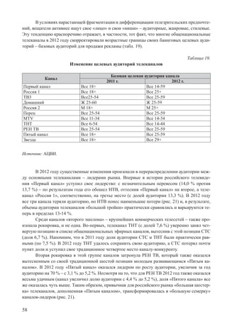 58
В условиях нарастающей фрагментации и дифференциации телезрительских предпочте-
ний, вещатели активнее ищут свое «лицо» и свои «ниши» – аудиторные, жанровые, стилевые.
Эту тенденцию красноречиво отражает, в частности, тот факт, что многие общенациональные
телеканалы в 2012 году скорректировали возрастные границы своих баинговых целевых ауди-
торий – базовых аудиторий для продажи рекламы (табл. 19).
Таблица 19.
Изменение целевых аудиторий телеканалов
Канал
Базовая целевая аудитория канала
2011 г. 2012 г.
Первый канал Все 18+ Все 14-59
Россия 1 Все 18+ Все 25+
ТВ3 Все25-54 Все 25-59
Домашний Ж 25-60 Ж 25-59
Россия 2 М 18+ М 25+
Перец Все 25-54 Все 25-59
MTV Все 11-34 Все 14-34
ТНТ Все 6-54 Все 14-44
РЕН ТВ Все 25-54 Все 25-59
Пятый канал Все 18+ Все 25-59
Звезда Все 18+ Все 29+
Источник: АЦВИ.
В 2012 году существенные изменения произошли в перераспределении аудитории меж-
ду основными телеканалами – лидерами рынка. Впервые в истории российского телевиде-
ния «Первый канал» уступил свое лидерство: с незначительным перевесом (14,0 % против
13,7 %) – по результатам года его обошел НТВ, оттеснив «Первый канал» на второе, а теле-
канал «Россия 1», соответственно, на третье место (с долей аудитории 13,3 %). В 2012 году
все три канала теряли аудиторию, но НТВ понес наименьшие потери (рис. 21) и, в результате,
объемы аудитории телеканалов «большой тройки» практически сравнялись и варьируются те-
перь в пределах 13-14 %.
Среди каналов «второго эшелона» – крупнейших коммерческих телесетей – также про-
изошла рокировка, и не одна. Во-первых, телеканал ТНТ (с долей 7,6 %) уверенно занял чет-
вертую позицию в списке общенациональных эфирных каналов, вытеснив с этой позиции СТС
(доля 6,7 %). Напомним, что в 2011 году доли аудитории СТС и ТНТ были практически рав-
ными (по 7,5 %). В 2012 году ТНТ удалось сохранить свою аудиторию, а СТС потерял почти
пункт доли и уступил свое традиционное четвертое место каналу-конкуренту.
Вторая рокировка в этой группе каналов затронула РЕН ТВ, который также оказался
вытесненным со своей традиционной шестой позиции молодым развивающимся «Пятым ка-
налом». В 2012 году «Пятый канал» оказался лидером по росту аудитории, увеличив за год
аудиторию на 70 % – с 3,1 % до 5,2 %. Несмотря на то, что для РЕН ТВ 2012 год также оказался
весьма удачным (канал увеличил долю аудитории с 4,4 % до 5,2 %), доля «Пятого канала» все
же оказалась чуть выше. Таким образом, привычная для российского рынка «большая шестер-
ка» телеканалов, дополненная «Пятым каналом», трансформировалась в «большую семерку»
каналов-лидеров (рис. 21).
 