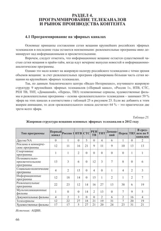 66
РАЗДЕЛ 4.
ПРОГРАММИРОВАНИЕ ТЕЛЕКАНАЛОВ
И РЫНОК ПРОИЗВОДСТВА КОНТЕНТА
4.1 Программирование на эфирных каналах
Основные принципы составления сетки вещания крупнейших российских эфирных
телеканалов в последние годы остаются неизменными: развлекательные программы явно до-
минируют над информационными и просветительскими.
Впрочем, следует отметить, что информационное вещание остается существенной ча-
стью сетки вещания в прайм-тайм, когда идут вечерние выпуски новостей и информационно-
аналитические программы.
Однако это мало влияет на жанровую палитру российского телевидения с точки зрения
объемов вещания: за счет развлекательных программ сформирована бóльшая часть сетки ве-
щания на крупнейших эфирных телеканалах.
Так, по данным Аналитического центра «Видео Интернешнл», изучившего жанровую
структуру 9 крупнейших эфирных телеканалов («Первый канал», «Россия 1», НТВ, СТС,
РЕН ТВ, ТНТ, «Домашний», «Перец», ТВ3) телевизионные сериалы, художественные филь-
мы и развлекательные программы – основа «развлекательного» телевидения – занимают 59 %
эфира на этих каналах в соответствии с таблицей 25 и рисунком 23. Если же добавить к этим
жанрам анимацию, то доля «развлекательного» показа достигнет 64 % – это практически две
трети всего эфира.
Таблица 25.
Жанровая структура вещания основных эфирных телеканалов в 2012 году
Тип программы
Первый
канал
Россия 1 НТВ СТС
РЕН
ТВ
ТНТ
Домаш-
ний
Перец ТВ3
В сред-
нем по 9
каналам
Другие/NA 0 1 0 5 0 4 6 1 0 2
Реклама и коммерче-
ские программы
12 11 16 21 9 11 9 10 13 13
Спортивные
программы
1 1 2 0 0 0 0 0 1 1
Познавательно-
просветительские
программы
13 3 6 0 12 3 7 8 0 6
Социально-политические
программы
4 2 15 0 4 0 1 4 2 3
Информационные
программы
12 18 14 0 15 1 2 1 2 7
Развлекательные
программы
22 23 12 14 16 27 13 38 6 19
Мультипликационные
фильмы
1 0 0 14 2 13 0 7 9 5
Документальные фильмы 4 2 3 0 0 2 6 2 16 4
Телесериалы 12 22 27 18 21 19 31 7 20 19
Художественные фильмы 17 17 5 27 21 20 24 23 31 21
Источник: АЦВИ.
 