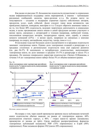 1.3. Российские издательства в 2008-2012 гг.38
Как видно из рисунка 35, большинство издательств осуществляет в социальных
медиа информационную поддержку своих мероприятий, а именно – публикацию
рекламных сообщений, анонсов, пресс-релизов и т.д. На втором месте по
популярности – создание и модерация страничек (групп) собственных авторов,
продуктов, услуг, идей, событий. Далее следуют такие виды активности, как
проведение опросов, конкурсов, викторин и т.п. Следует обратить внимание также и
на то, что более 40% издательств, ведущих энергичную деятельность в социальных
медиа, в целях продвижения своего имени и своей продукции активно участвуют в
жизни групп, связанных с литературой и чтением (например, любителей чтения,
поклонников конкретных авторов, литературных героев, книг, серий), и совсем
немного компаний (23%) – в жизни групп, напрямую не связанных с книгами
(например, по спорту, автомобилям, искусству, театру, кино и т.п.).
В последние годы всё большую долю в ассортименте и в продажах издательств
занимают электронные книги. Однако доли электронных изданий в репертуаре и в
продажах столичных и региональных издательств пока ещё серьезно разнятся
(см. рис. 36-37). В московских и петербургских издательствах, выпускающих
электронные книги, их доля занимает в среднем 15-17% в репертуаре и около 3% в
продажах. По мнению генерального директора издательства «Эксмо» О.Новикова, в
течение 3-4 лет электронные книги займут более 5% от объёма книжного рынка.
Рис. 36.
Доля электронных книг в репертуаре российских
издательств, % (среди издательств, выпускающих
электронные книги)
Рис. 37.
Доля электронных книг в продажах российских
издательств, % (среди издательств, выпускающих
электронные книги)
16,2%
12,6%
6,6%
4,0%
2,0%
0%
0,5%
1,8%
0
5
10
15
20
2009 2010 2011 2012
%
Издательства Москвы и Санкт-Петербурга
Региональные издательства
0,4% 0,5%
1,3%
3,0%
0,7%
0,6%
0,3%0,3%0
1
2
3
2009 2010 2011 2012
%
Издательства Москвы и Санкт-Петербурга
Региональные издательства
Источник: данные компаний.
На вопрос о том, через какой промежуток времени после публикации печатной
книги издательства обычно выводят на рынок её электронную версию, 60%
респондентов ответило «сразу», а 40% – «через какое-то время» (назывались
промежутки от месяца до трёх). Среди наиболее распространённых форматов
электронных публикаций назывались PDF (75% опрошенных) и E-pub (50%
опрошенных). Реже назывался формат Fb2 (около 20% опрошенных).
 