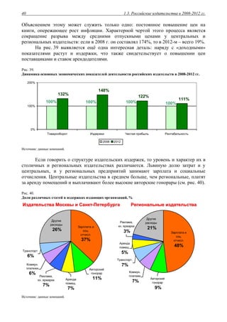 1.3. Российские издательства в 2008-2012 гг.40
Объяснением этому может служить только одно: постоянное повышение цен на
книги, опережающее рост инфляции. Характерной чертой этого процесса является
сокращение разрыва между средними отпускными ценами у центральных и
региональных издательств: если в 2008 г. он составлял 174%, то в 2012-м – всего 19%.
На рис. 39 выявляется ещё одна интересная деталь: наряду с «доходными»
показателями растут и издержки, что также свидетельствует о повышении цен
поставщиками и ставок арендодателями.
Рис. 39.
Динамика основных экономических показателей деятельности российских издательств в 2008-2012 гг.
100% 100%100%100%
111%
122%
148%
132%
0%
100%
200%
Товарооборот Издержки Чистая прибыль Рентабельность
2008 2012
Источник: данные компаний.
Если говорить о структуре издательских издержек, то уровень и характер их в
столичных и региональных издательствах различаются. Львиную долю затрат и у
центральных, и у региональных предприятий занимают зарплата и социальные
отчисления. Центральные издательства в среднем больше, чем региональные, платят
за аренду помещений и выплачивают более высокие авторские гонорары (см. рис. 40).
Рис. 40.
Доли различных статей в издержках издающих организаций, %
ИИззддааттееллььссттвваа ММооссккввыы ии ССааннкктт--ППееттееррббууррггаа РРееггииооннааллььнныыее ииззддааттееллььссттвваа
Коммун.
платежи
6%
Реклама,
кн. ярмарки
7%
Аренда
помещ.
7%
Авторский
гонорар
11%
Транспорт
6%
Зарплата и
соц.
отчисл.
37%
Другие
расходы
26%
Аренда
помещ.
5%
Транспорт.
7%
Коммун.
платежи
7%
Авторский
гонорар
9%
Реклама,
кн. ярмарки
3% Зарплата и
соц.
отчисл.
48%
Другие
расходы
21%
Источник: данные компаний.
 