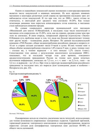 2.1. Основные тенденции развития системы книгораспространения 45
Одним из важнейших показателей оценки положения в книгораспространении
является число покупателей в книжных магазинах. Из всех крупных книжных
магазинов и некоторых розничных сетей страны на протяжении последних трех лет
наблюдается отток покупателей. И это при том, что до 2008 г. такого оттока не
отмечалось, и ежегодный рост среднего чека составлял 18-20%. Как только
позитивная динамика чека перестала компенсировать отток клиентов, в магазинах
стало наблюдаться снижение продаж.
По словам генерального директора муниципальной сети магазинов
«Московский дом книги» Н.Михайловой, в последние годы число посетителей в
магазинах сети сократилось на 15-20%, хотя, как ни странно, средняя сумма чека при
этом не снизилась. В свою очередь, генеральный директор издательства «Эксмо»
О.Новиков суть проблемы видит в том, что люди все больше предпочитают чтению
книг другие медиа – телевидение, радио, Интернет. По данным исследовательской
компании «TNS Россия», общее медиапотребление российских граждан в возрасте от
16 лет и старше сегодня составляет около 8 часов в сутки. Из них чтению книг в
общем объёме медиапотребления отводится 1,8% (около 9 мин. в день), чтению газет
– столько же, а чтению журналов – и того меньше: 1,2% (около 6 мин.).
Сопоставление этих данных с результатами аналогичного исследования 2008 г.
показывает, что за последние четыре года доля времени, отводимого
среднестатистическим гражданином России на чтение всех видов печатных
источников информации, снизилась на 7,2 п.п., в т. ч. книг – на 2,2 п.п., газет – на
3,2 п.п. и журналов – на 1,8 п.п. При этом в структуре медиапотребления российского
гражданина за последние пять лет выросла доля телевидения, радио и особенно –
Интернета (см. рис. 43).
Рис. 43.
Структура медиапотребления россиян, %
22000088 22001122
3,0% 3,0%
6,0%
4,0%
5,0%
5,0%
30,0%
44,0%
1,2%
1,1%
11,2%
1,8%1,8%
2,2%
32,4%
48,3%
ТВ
Радио
Интернет
Аудио,MP3
Газеты
Книги
Журналы
Видео, DVD
Источник: TNS Россия.
Одновременно нельзя не отметить увеличения числа читателей, использующих
для чтения возможности современных электронных гаджетов. Серьёзной причиной,
тормозящей развитие электронного книгоиздания и книгораспространения, является
пиратство: сегодня доля контрафактных электронных книг достигает 80-90% от
общего числа скачиваний.
 