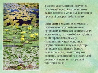 З метою систематизації існуючої
інформації щодо характеристики
водно-болотних угідь був виконаний
проект зі створення бази даних.
База даних містить різноманітну
інформацію щодо найцінніших
природних комплексів дніпровських
водосховищ, гирлової області Дніпра
та Дніпровського лиману
(ландшафтна характеристика,
біорізноманіття, існуючі території
природно-заповідного фонду,
наявність видів, що потребують
охорони, особливості господарської
діяльності, причини деградації
територій тощо).
 