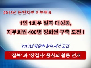 2013년 좌담회 참석 배가 도전
‘절복’ 과 ‘장결자’ 중심의 활동 전개
1인 1회우 절복 대성공,
지부회원 400명 정회원 구축 도전 !
 