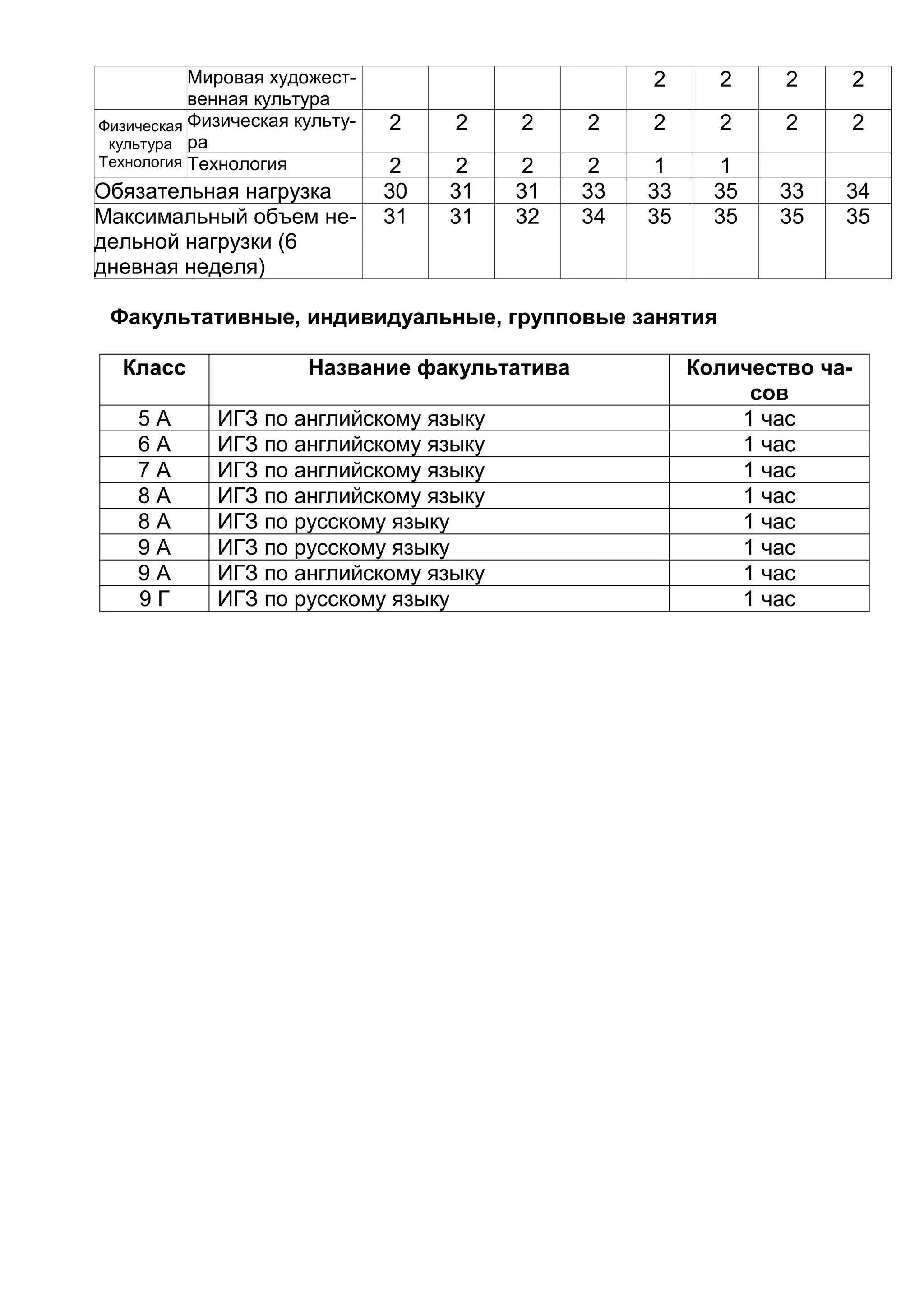 Мировая художест-
венная культура
2 2 2 2
Физическая
культура
Технология
Физическая культу-
ра
2 2 2 2 2 2 2 2
Технология 2 2 2 2 1 1
Обязательная нагрузка 30 31 31 33 33 35 33 34
Максимальный объем не-
дельной нагрузки (6
дневная неделя)
31 31 32 34 35 35 35 35
Факультативные, индивидуальные, групповые занятия
Класс Название факультатива Количество ча-
сов
5 А ИГЗ по английскому языку 1 час
6 А ИГЗ по английскому языку 1 час
7 А ИГЗ по английскому языку 1 час
8 А ИГЗ по английскому языку 1 час
8 А ИГЗ по русскому языку 1 час
9 А ИГЗ по русскому языку 1 час
9 А ИГЗ по английскому языку 1 час
9 Г ИГЗ по русскому языку 1 час
 
