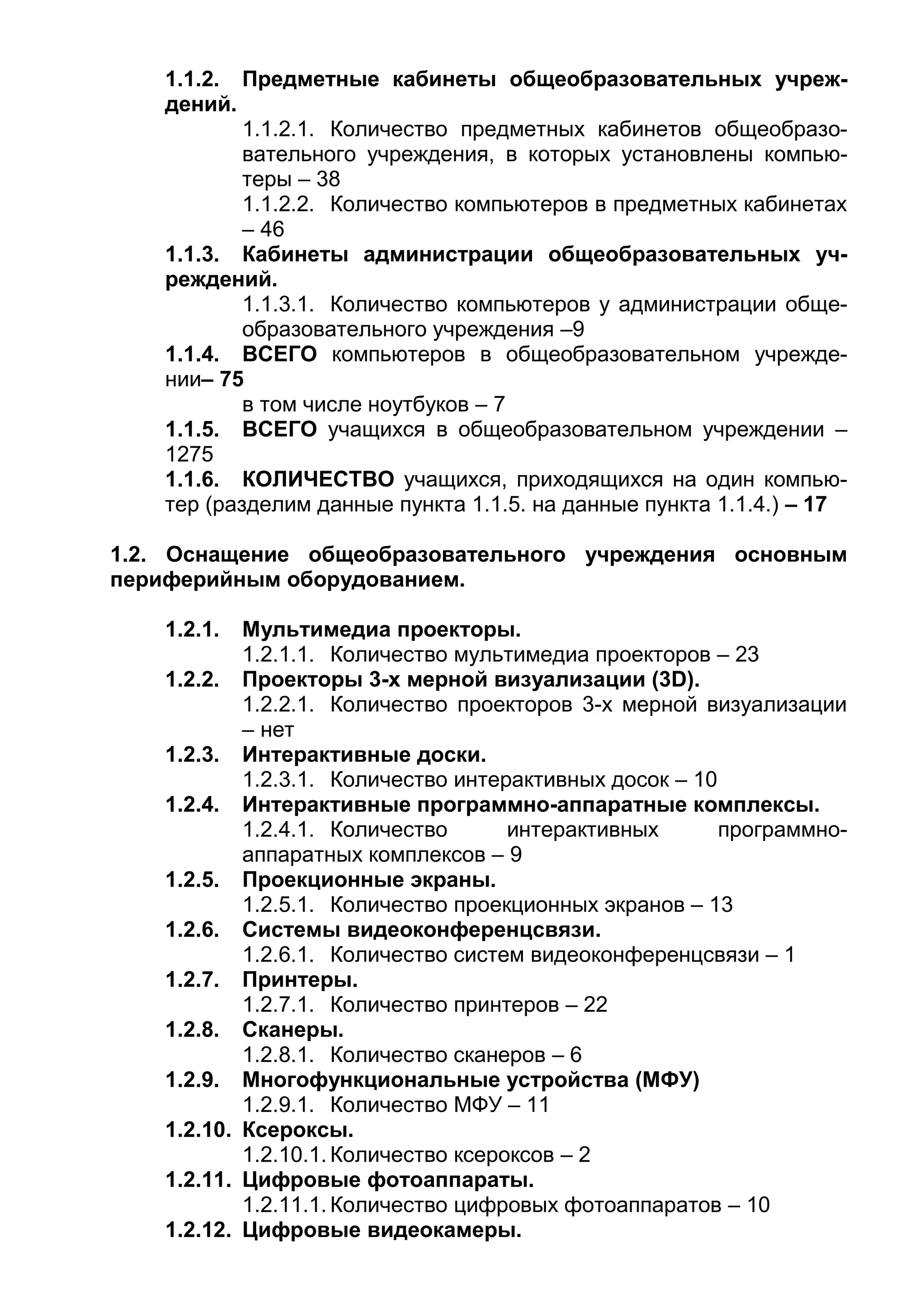 1.1.2. Предметные кабинеты общеобразовательных учреж-
дений.
1.1.2.1. Количество предметных кабинетов общеобразо-
вательного учреждения, в которых установлены компью-
теры – 38
1.1.2.2. Количество компьютеров в предметных кабинетах
– 46
1.1.3. Кабинеты администрации общеобразовательных уч-
реждений.
1.1.3.1. Количество компьютеров у администрации обще-
образовательного учреждения –9
1.1.4. ВСЕГО компьютеров в общеобразовательном учрежде-
нии– 75
в том числе ноутбуков – 7
1.1.5. ВСЕГО учащихся в общеобразовательном учреждении –
1275
1.1.6. КОЛИЧЕСТВО учащихся, приходящихся на один компью-
тер (разделим данные пункта 1.1.5. на данные пункта 1.1.4.) – 17
1.2. Оснащение общеобразовательного учреждения основным
периферийным оборудованием.
1.2.1. Мультимедиа проекторы.
1.2.1.1. Количество мультимедиа проекторов – 23
1.2.2. Проекторы 3-х мерной визуализации (3D).
1.2.2.1. Количество проекторов 3-х мерной визуализации
– нет
1.2.3. Интерактивные доски.
1.2.3.1. Количество интерактивных досок – 10
1.2.4. Интерактивные программно-аппаратные комплексы.
1.2.4.1. Количество интерактивных программно-
аппаратных комплексов – 9
1.2.5. Проекционные экраны.
1.2.5.1. Количество проекционных экранов – 13
1.2.6. Системы видеоконференцсвязи.
1.2.6.1. Количество систем видеоконференцсвязи – 1
1.2.7. Принтеры.
1.2.7.1. Количество принтеров – 22
1.2.8. Сканеры.
1.2.8.1. Количество сканеров – 6
1.2.9. Многофункциональные устройства (МФУ)
1.2.9.1. Количество МФУ – 11
1.2.10. Ксероксы.
1.2.10.1. Количество ксероксов – 2
1.2.11. Цифровые фотоаппараты.
1.2.11.1. Количество цифровых фотоаппаратов – 10
1.2.12. Цифровые видеокамеры.
 
