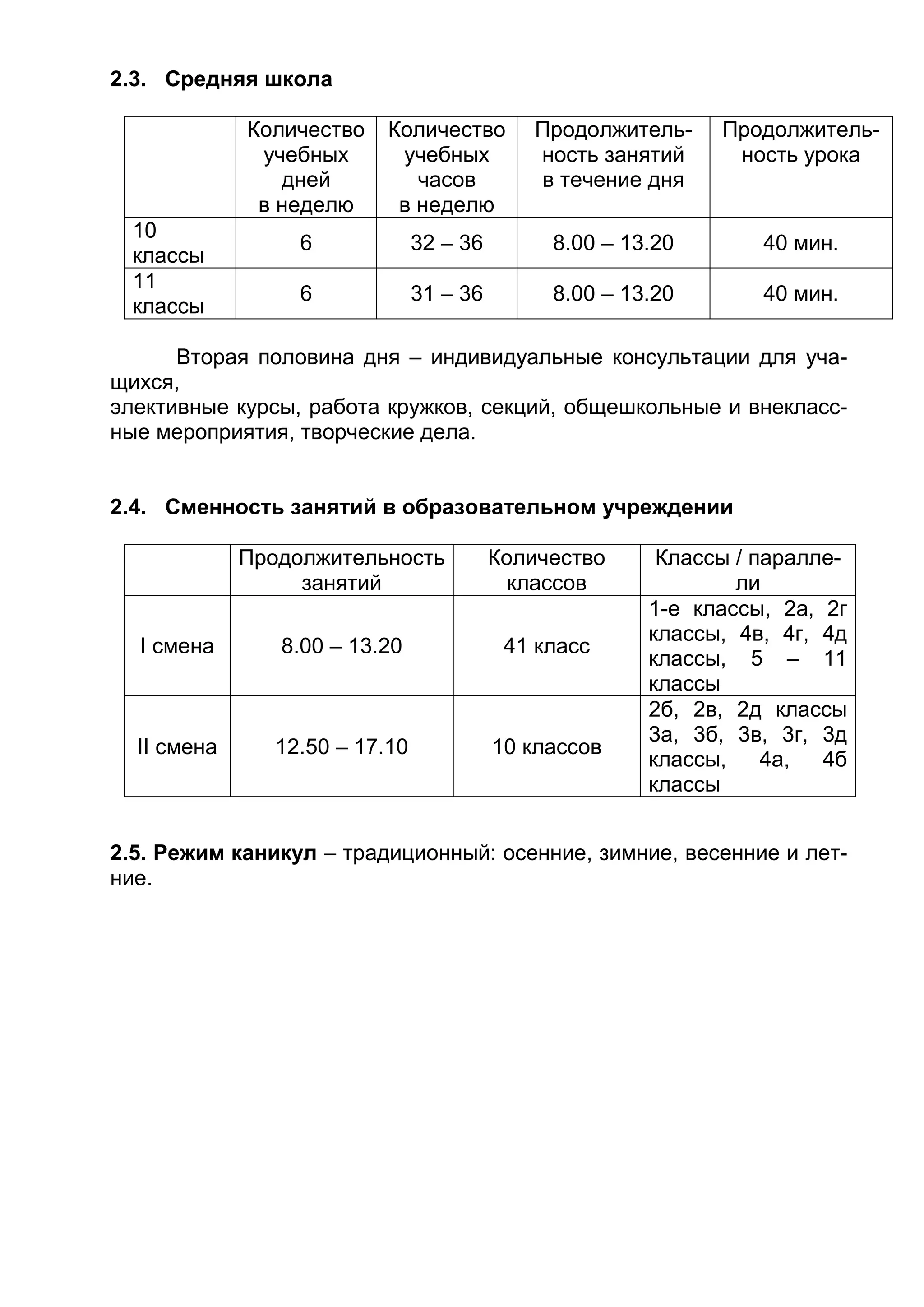 2.3. Средняя школа
Количество
учебных
дней
в неделю
Количество
учебных
часов
в неделю
Продолжитель-
ность занятий
в течение дня
Продолжитель-
ность урока
10
классы
6 32 – 36 8.00 – 13.20 40 мин.
11
классы
6 31 – 36 8.00 – 13.20 40 мин.
Вторая половина дня – индивидуальные консультации для уча-
щихся,
элективные курсы, работа кружков, секций, общешкольные и внекласс-
ные мероприятия, творческие дела.
2.4. Сменность занятий в образовательном учреждении
Продолжительность
занятий
Количество
классов
Классы / паралле-
ли
I смена 8.00 – 13.20 41 класс
1-е классы, 2а, 2г
классы, 4в, 4г, 4д
классы, 5 – 11
классы
II смена 12.50 – 17.10 10 классов
2б, 2в, 2д классы
3а, 3б, 3в, 3г, 3д
классы, 4а, 4б
классы
2.5. Режим каникул – традиционный: осенние, зимние, весенние и лет-
ние.
 