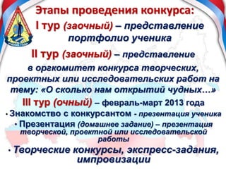 I тур (заочный) – представление
портфолио ученика
II тур (заочный) – представление
в оргкомитет конкурса творческих,
проектных или исследовательских работ на
тему: «О сколько нам открытий чудных…»
III тур (очный) – февраль-март 2013 года
• Знакомство с конкурсантом - презентация ученика
• Презентация (домашнее задание) – презентация
творческой, проектной или исследовательской
работы
• Творческие конкурсы, экспресс-задания,
импровизации
Этапы проведения конкурса:
 