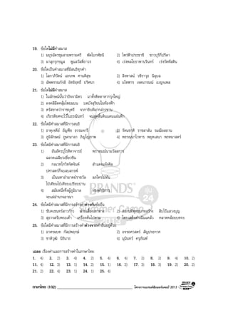 ภาษาไทย (132) ______________________________________ โครงการแบรนดซัมเมอรแคมป 2013
19. ขอใดไมมีคําสมาส
1) มยุรฉัตรชุมสายพรายศรี พัดโบกพัชนี 2) ไพรฟาประชาชี ชาวบุรีก็ปรีดา
3) ผาสุกรุกขมูล พูนสวัสดิ์ถาวร 4) เรงพลโยธาพานรินทร เรงรัดหัสดิน
20. ขอใดเปนคําสมาสที่มีสนธิทุกคํา
1) โลกาภิวัตน เอกภพ ศานติสุข 2) สิงหาสน วชิราวุธ นิลุบล
3) ฉัพพรรณรังสี อิทธิฤทธิ์ ปริศนา 4) มโหฬาร เจตนารมณ เบญจเพส
21. ขอใดไมมีคําสมาส
1) ในลักษณนั้นวาปจจามิตร มาตั้งติดดาหากรุงใหญ
2) ผงคลีมืดคลุมโพยมบน บดบังสุริยนในทองฟา
3) ตรัสขาดวาราชบุตรี จรกาธิบดีมากลาวขาน
4) เกียรติยศจะไวในธรณินทร จนสุดสิ้นดินแดนแผนฟา
22. ขอใดมีคําสมาสที่มีการสนธิ
1) ธาตุเจดีย ธัญพืช ธรรมจารี 2) รัตนชาติ ราชสาสน รมณียสถาน
3) ภูมิลักษณ ภูษามาลา ภิญโญภาพ 4) พรรณนาโวหาร พยุหเสนา พรหมาสตร
23. ขอใดมีคําสมาสที่มีการสนธิ
1) อันอัครปุโรหิตาจารย พราหมณนามวัสสการ
ฉลาดเฉลียวเชี่ยวชิน
2) กลเวทโกวิทจิตจินต สําแดงแจงศิล
ปศาสตรก็จบสบสรรพ
3) เปนมหาอํามาตยราชวัล ลภใครไปทัน
ไปเทียมไปเทียบเปรียบปาน
4) สมัยหนึ่งจึ่งผูภูมิบาล ทรงดําริการ
จะแผอํานาจอาณา
24. ขอใดมีคําสมาสที่มีการสรางคําตางกับขออื่น
1) ขับคเชนทรสาวกาว สายเสื้องเทาทาง 2) สถานที่พุทธบาทสราง สืบไวแสวงบุญ
3) สุธารสรับพระเตา เครื่องตนไปตาม 4) โดยเสด็จดําเนินแคลว คลาดคลอยบทจร
25. ขอใดมีคําสมาสที่มีการสรางคําตางจากคําอื่นอยูดวย
1) อาศรมบท กัลปพฤกษ 2) อรรถศาสตร สัญประกาศ
3) ชาติวุฒิ นิธินาถ 4) มุนินทร ครุภัณฑ
เฉลย เรื่องคําและการสรางคําในภาษาไทย
1. 4) 2. 2) 3. 4) 4. 2) 5. 4) 6. 4) 7. 2) 8. 2) 9. 4) 10. 2)
11. 4) 12. 3) 13. 1) 14. 2) 15. 1) 16. 2) 17. 3) 18. 3) 19. 2) 20. 2)
21. 2) 22. 4) 23. 1) 24. 1) 25. 4)
 