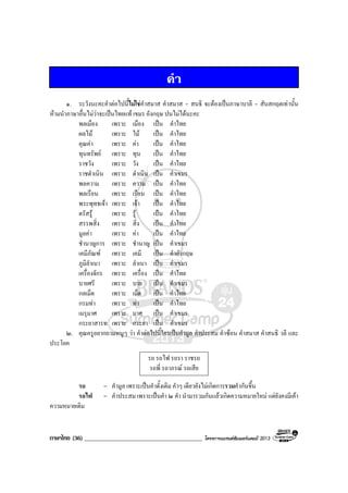 ภาษาไทย (36) _______________________________________ โครงการแบรนดซัมเมอรแคมป 2013
คํา
๑. ระวังนะคะคําตอไปนี้ไมใชคําสมาส คําสมาส - สนธิ จะตองเปนภาษาบาลี - สันสกฤตเทานั้น
หามนําภาษาอื่นไมวาจะเปนไทยแท เขมร อังกฤษ ปนไมไดนะคะ
พลเมือง เพราะ เมือง เปน คําไทย
ผลไม เพราะ ไม เปน คําไทย
คุณคา เพราะ คา เปน คําไทย
ทุนทรัพย เพราะ ทุน เปน คําไทย
ราชวัง เพราะ วัง เปน คําไทย
ราชดําเนิน เพราะ ดําเนิน เปน คําเขมร
พลความ เพราะ ความ เปน คําไทย
พลเรือน เพราะ เรือน เปน คําไทย
พระพุทธเจา เพราะ เจา เปน คําไทย
ตรัสรู เพราะ รู เปน คําไทย
สรรพสิ่ง เพราะ สิ่ง เปน คําไทย
มูลคา เพราะ คา เปน คําไทย
ชํานาญการ เพราะ ชํานาญ เปน คําเขมร
เคมีภัณฑ เพราะ เคมี เปน คําอังกฤษ
ภูมิลําเนา เพราะ ลําเนา เปน คําเขมร
เครื่องจักร เพราะ เครื่อง เปน คําไทย
บายศรี เพราะ บาย เปน คําเขมร
กลเม็ด เพราะ เม็ด เปน คําไทย
กรมทา เพราะ ทา เปน คําไทย
เมรุมาศ เพราะ มาศ เปน คําเขมร
กระยาสารท เพราะ กระยา เปน คําเขมร
๒. คุณครูอยากถามหนูๆ วา คําตอไปนี้ใครเปนคํามูล คําประสม คําซอน คําสมาส คําสนธิ วลี และ
ประโยค
รถ รถไฟ รถรา ราชรถ
รถพี่ รถาภรณ รถเสีย
รถ = คํามูล เพราะเปนคําดั้งเดิม คําๆ เดียวยังไมเกิดการรวมคํากันขึ้น
รถไฟ = คําประสม เพราะเปนคํา ๒ คํา นํามารวมกันแลวเกิดความหมายใหม แตยังคงมีเคา
ความหมายเดิม
 