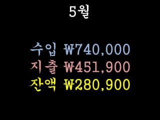 5월
수입 740,000
지출 451,900
잔액 280,900
 