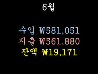 6월
수입 581,051
지출 561,880
잔액 19,171
 