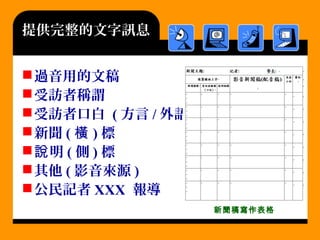 提供完整的文字訊息
過音用的文稿
受訪者稱謂
受訪者口白 ( 方言 / 外語 )
新聞 ( 橫 ) 標
 明說 ( 側 ) 標
其他 ( 影音來源 )
公民記者 XXX 報導
新聞稿寫作表格
 
