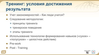 Тренинг: условия достижения
результата
Учет закономерностей – Как люди учатся?
Следование методологии:
принципы тренинга
тренерское поведение
этапы тренинга
Использование технологии формирования навыков («сухое» –
«полусухое» – целостное действие)
Pre-work
Post - Training
24
 