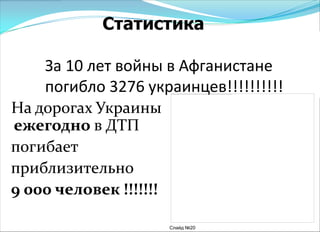 Слайд №20
За 10 лет войны в Афганистане
погибло 3276 украинцев!!!!!!!!!!
На дорогах Украины
ежегодно в ДТП
погибает
приблизительно
9 000 человек !!!!!!!
Статистика
 