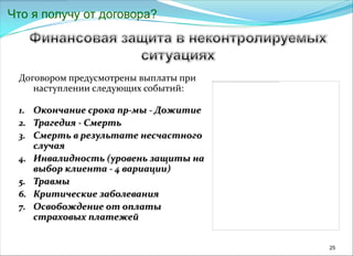 Договором предусмотрены выплаты при
наступлении следующих событий:
1. Окончание срока пр-мы - Дожитие
2. Трагедия - Смерть
3. Смерть в результате несчастного
случая
4. Инвалидность (уровень защиты на
выбор клиента - 4 вариации)
5. Травмы
6. Критические заболевания
7. Освобождение от оплаты
страховых платежей
25
Что я получу от договора?
 