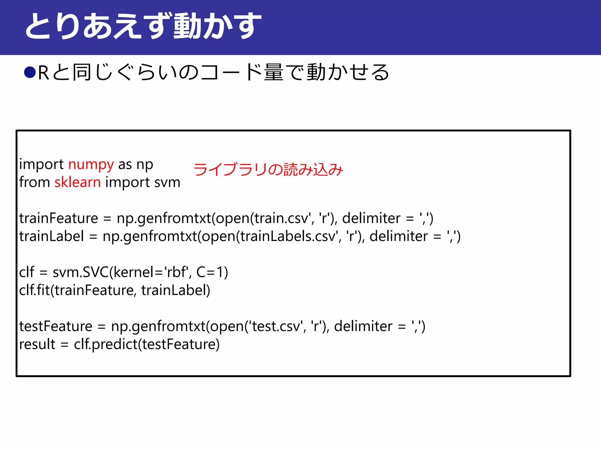 Rと同じぐらいのコード量で動かせる
とりあえず動かす
import numpy as np
from sklearn import svm
trainFeature = np.genfromtxt(open(train.csv', 'r'), delimiter = ',')
trainLabel = np.genfromtxt(open(trainLabels.csv', 'r'), delimiter = ',')
clf = svm.SVC(kernel='rbf', C=1)
clf.fit(trainFeature, trainLabel)
testFeature = np.genfromtxt(open('test.csv', 'r'), delimiter = ',')
result = clf.predict(testFeature)
ライブラリの読み込み
 
