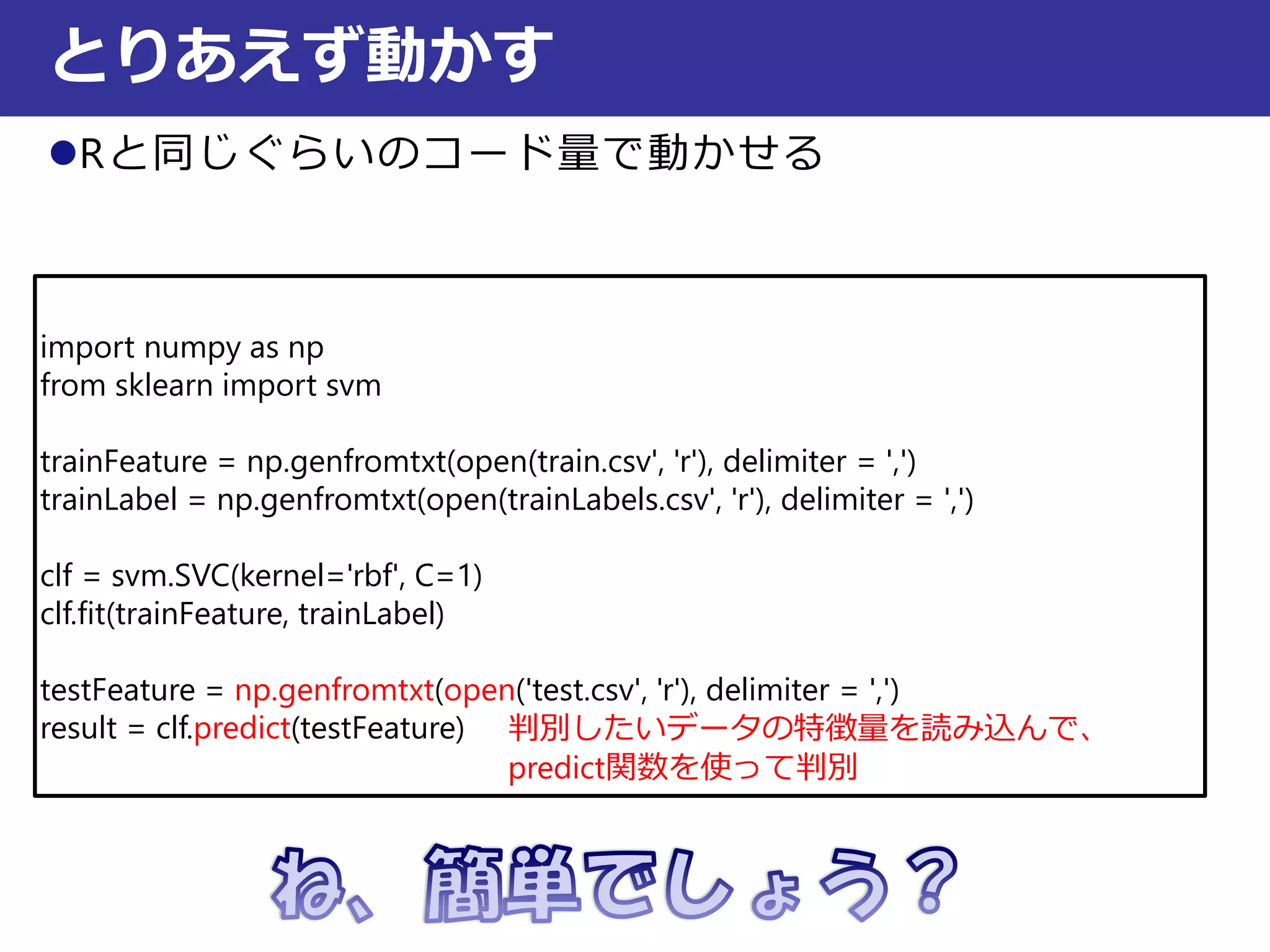 Rと同じぐらいのコード量で動かせる
とりあえず動かす
import numpy as np
from sklearn import svm
trainFeature = np.genfromtxt(open(train.csv', 'r'), delimiter = ',')
trainLabel = np.genfromtxt(open(trainLabels.csv', 'r'), delimiter = ',')
clf = svm.SVC(kernel='rbf', C=1)
clf.fit(trainFeature, trainLabel)
testFeature = np.genfromtxt(open('test.csv', 'r'), delimiter = ',')
result = clf.predict(testFeature) 判別したいデータの特徴量を読み込んで、
predict関数を使って判別
 