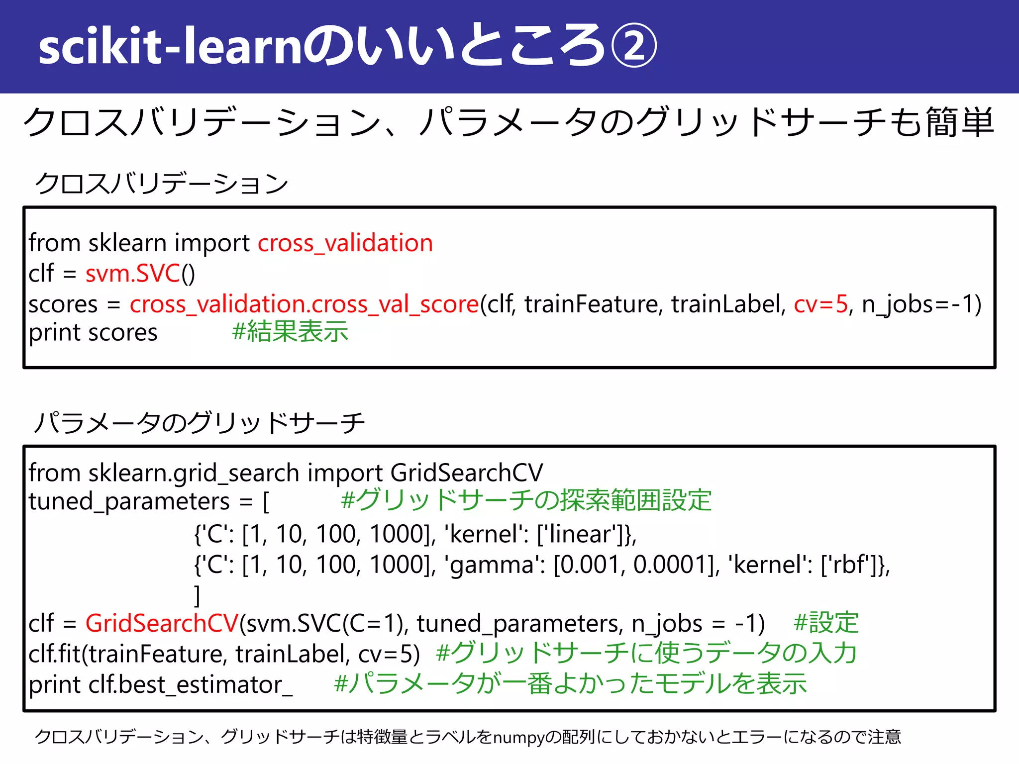 クロスバリデーション、パラメータのグリッドサーチも簡単
scikit-learnのいいところ②
from sklearn import cross_validation
clf = svm.SVC()
scores = cross_validation.cross_val_score(clf, trainFeature, trainLabel, cv=5, n_jobs=-1)
print scores #結果表示
from sklearn.grid_search import GridSearchCV
tuned_parameters = [ #グリッドサーチの探索範囲設定
{'C': [1, 10, 100, 1000], 'kernel': ['linear']},
{'C': [1, 10, 100, 1000], 'gamma': [0.001, 0.0001], 'kernel': ['rbf']},
]
clf = GridSearchCV(svm.SVC(C=1), tuned_parameters, n_jobs = -1) #設定
clf.fit(trainFeature, trainLabel, cv=5) #グリッドサーチに使うデータの入力
print clf.best_estimator_ #パラメータが一番よかったモデルを表示
パラメータのグリッドサーチ
クロスバリデーション
クロスバリデーション、グリッドサーチは特徴量とラベルをnumpyの配列にしておかないとエラーになるので注意
 
