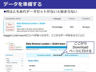 何はともあれデータセットがないと始まらない
データを準備する
Kaggleにscikit-learnのコンペがあったので、ここからデータをもらうことに
ここから
Download
ページに行ける
 