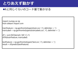 Rと同じぐらいのコード量で動かせる
とりあえず動かす
import numpy as np
from sklearn import svm
trainFeature = np.genfromtxt(open(train.csv', 'r'), delimiter = ',')
trainLabel = np.genfromtxt(open(trainLabels.csv', 'r'), delimiter = ',')
clf = svm.SVC(kernel='rbf', C=1)
clf.fit(trainFeature, trainLabel)
testFeature = np.genfromtxt(open('test.csv', 'r'), delimiter = ',')
result = clf.predict(testFeature)
 