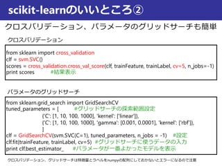 クロスバリデーション、パラメータのグリッドサーチも簡単
scikit-learnのいいところ②
from sklearn import cross_validation
clf = svm.SVC()
scores = cross_validation.cross_val_score(clf, trainFeature, trainLabel, cv=5, n_jobs=-1)
print scores #結果表示
from sklearn.grid_search import GridSearchCV
tuned_parameters = [ #グリッドサーチの探索範囲設定
{'C': [1, 10, 100, 1000], 'kernel': ['linear']},
{'C': [1, 10, 100, 1000], 'gamma': [0.001, 0.0001], 'kernel': ['rbf']},
]
clf = GridSearchCV(svm.SVC(C=1), tuned_parameters, n_jobs = -1) #設定
clf.fit(trainFeature, trainLabel, cv=5) #グリッドサーチに使うデータの入力
print clf.best_estimator_ #パラメータが一番よかったモデルを表示
パラメータのグリッドサーチ
クロスバリデーション
クロスバリデーション、グリッドサーチは特徴量とラベルをnumpyの配列にしておかないとエラーになるので注意
 