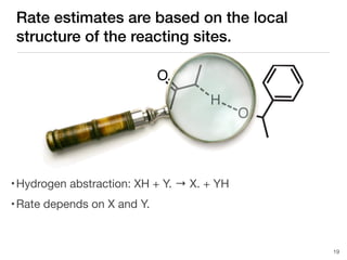 Rate estimates are based on the local
structure of the reacting sites.
•Hydrogen abstraction: XH + Y. → X. + YH
•Rate depends on X and Y.
19
O
H
O
 