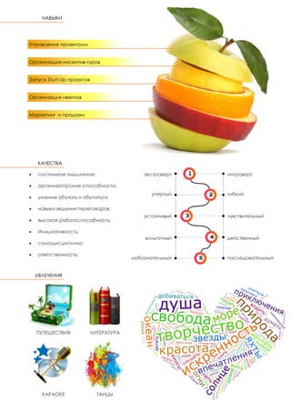 Организация ивентов
Запуск Sturt-Up проектов
Управление проектами
Маркетинг и продажи
Организация инсентив-туров
экстраверт интроверт
гибкий
чувствительныйустойчивый
упертый
вольготный действенный
любознательный последовательный
ПУТЕШЕСТВИЯ ЛИТЕРАТУРА
КАРАОКЕ ТАНЦЫ
 системное мышление;
 организаторские способности;
 умение обучать и обучаться;
 навыки ведения переговоров;
 высокая работоспособность;
 Инициативность;
 самодисциплина;
 ответственность;
НАВЫКИ
КАЧЕСТВА
УВЛЕЧЕНИЯ
 