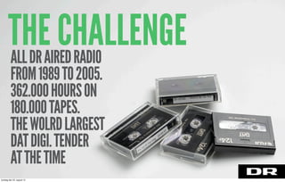 THE CHALLENGEALLDRAIREDRADIO
FROM1989TO2005.
362.000HOURSON
180.000TAPES.
THEWOLRDLARGEST
DATDIGI.TENDER
ATTHETIME
torsdag den 22. august 13
 