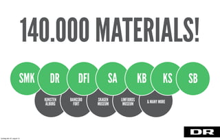 140.000 MATERIALS!
SMK DR DFI KB KSSA SB
& MANY MOREKUNSTEN
ÅLBORG
SKAGEN
MUSEUM
BANGSBO
FORT
DACAPO
LIMFJORDS
MUSEUM
torsdag den 22. august 13
 