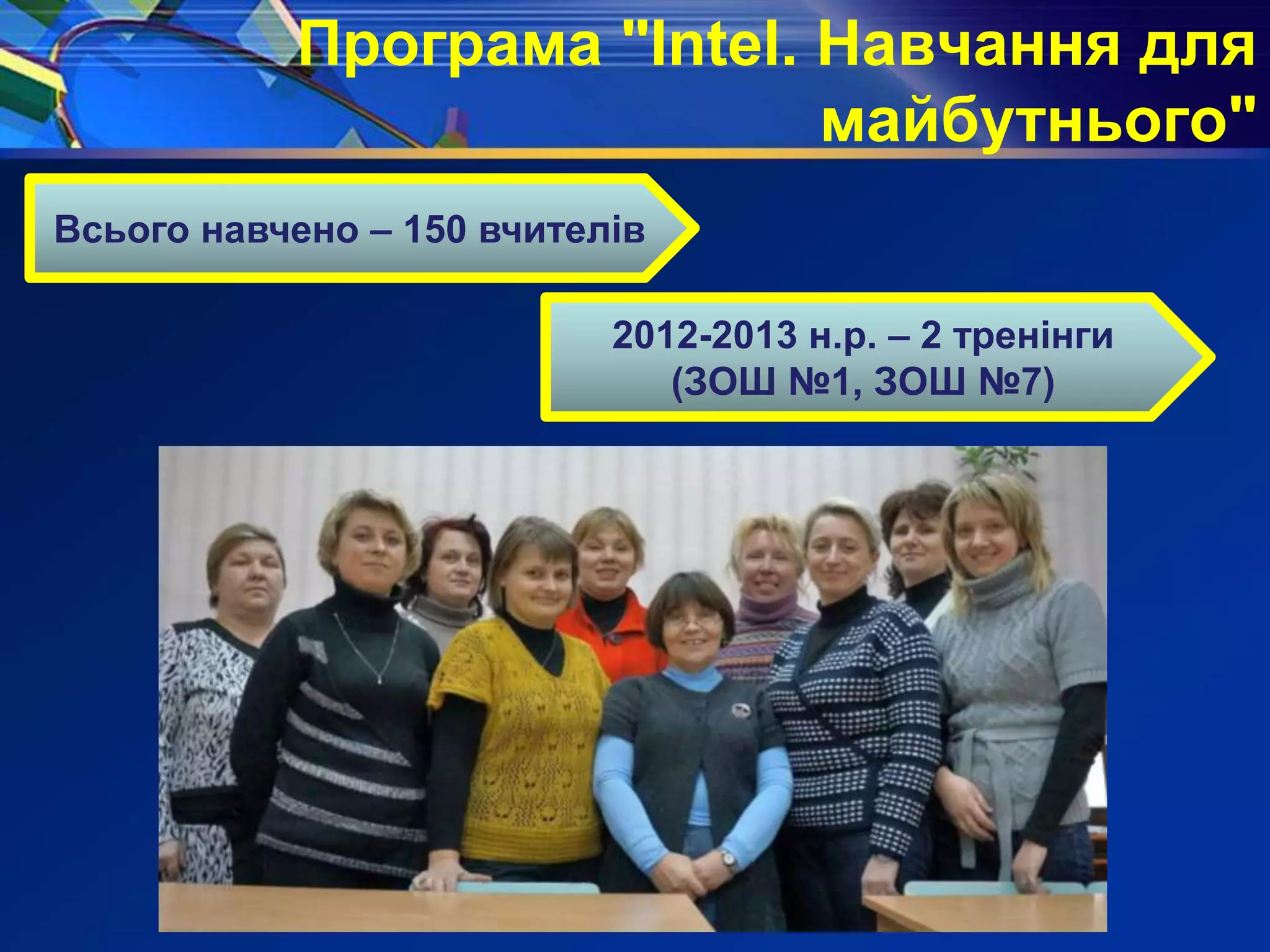 Програма "Intel. Навчання для
майбутнього"
Всього навчено – 150 вчителів
2012-2013 н.р. – 2 тренінги
(ЗОШ №1, ЗОШ №7)
 