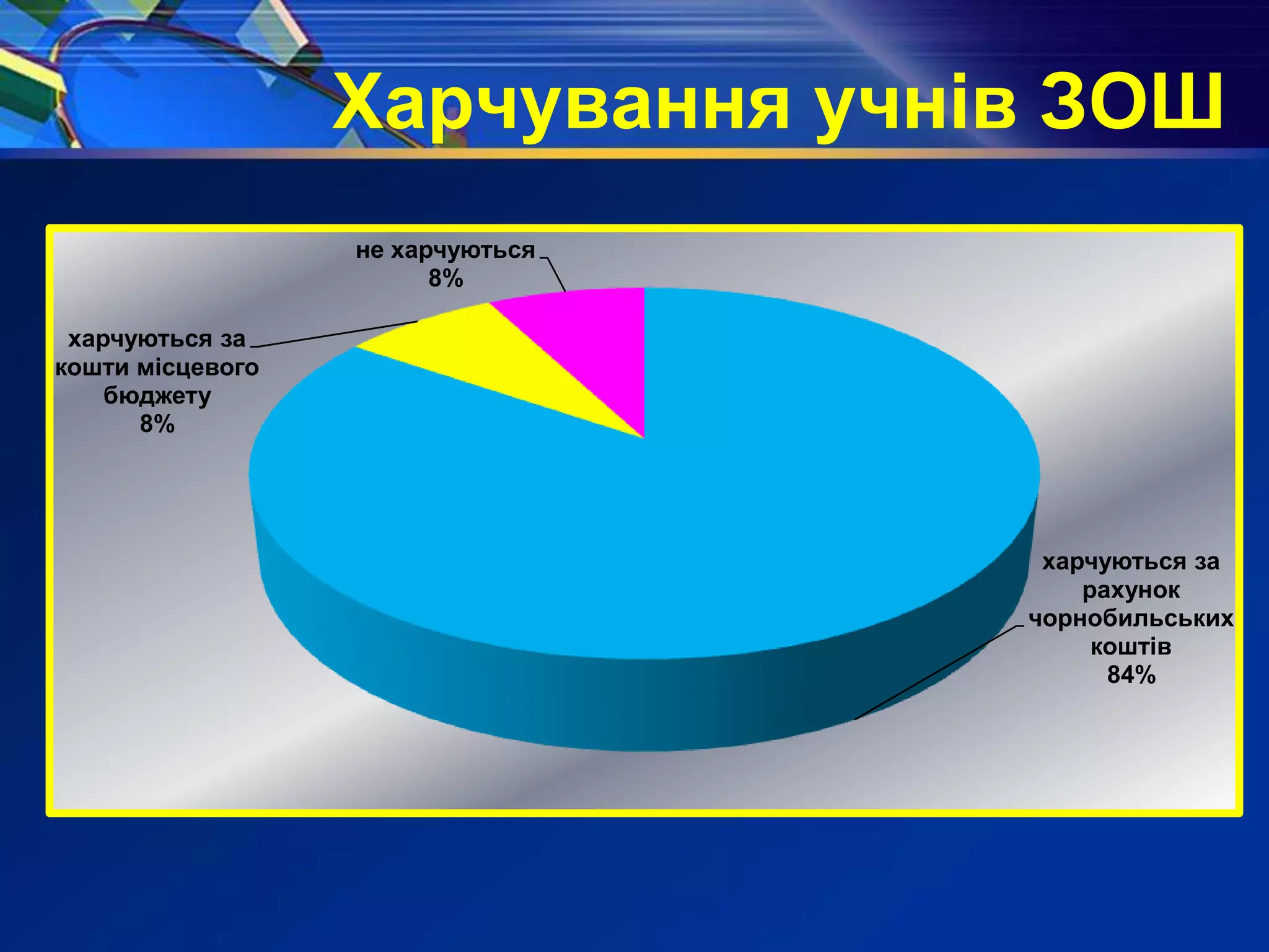 Харчування учнів ЗОШ
харчуються за
рахунок
чорнобильських
коштів
84%
харчуються за
кошти місцевого
бюджету
8%
не харчуються
8%
 