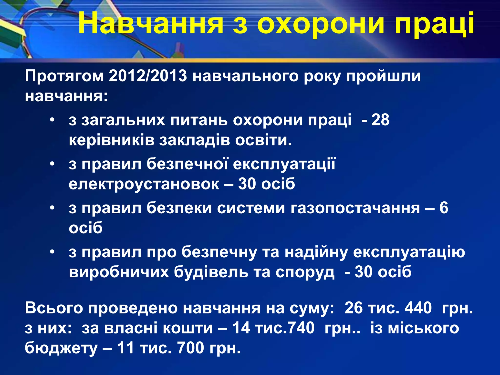 Навчання з охорони праці
Протягом 2012/2013 навчального року пройшли
навчання:
• з загальних питань охорони праці - 28
керівників закладів освіти.
• з правил безпечної експлуатації
електроустановок – 30 осіб
• з правил безпеки системи газопостачання – 6
осіб
• з правил про безпечну та надійну експлуатацію
виробничих будівель та споруд - 30 осіб
Всього проведено навчання на суму: 26 тис. 440 грн.
з них: за власні кошти – 14 тис.740 грн.. із міського
бюджету – 11 тис. 700 грн.
 
