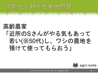 コワーキングビジネスフォーラム in Niigata 2013
高齢農家
「近所のSさんがやる気もあって
若い(※50代)し、ワシの農地を
預けて使ってもらおう」
20
 