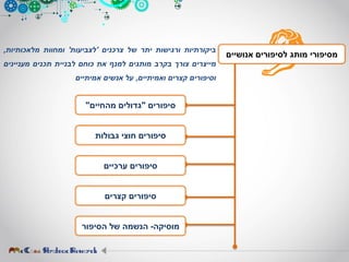‫ביקורתיות‬‫ורגישות‬‫יתר‬‫של‬‫צרכנים‬'‫לצביעות‬'‫ומחוות‬‫מלאכותיות‬,
‫מייצרים‬‫צורך‬‫בקרב‬‫מותגים‬‫למנף‬‫את‬‫כוחם‬‫לבניית‬‫תכנים‬‫מעניינים‬
‫וסיפורים‬‫קצרים‬‫ואמיתיים‬,‫על‬‫אנשים‬‫אמיתיים‬
‫סיפורים‬"‫מהחיים‬ ‫גדולים‬"
‫אנושיים‬ ‫לסיפורים‬ ‫מותג‬ ‫מסיפורי‬
‫גבולות‬ ‫חוצי‬ ‫סיפורים‬
‫ערכיים‬ ‫סיפורים‬
‫קצרים‬ ‫סיפורים‬
‫מוסיקה‬-‫הסיפור‬ ‫של‬ ‫הנשמה‬
 