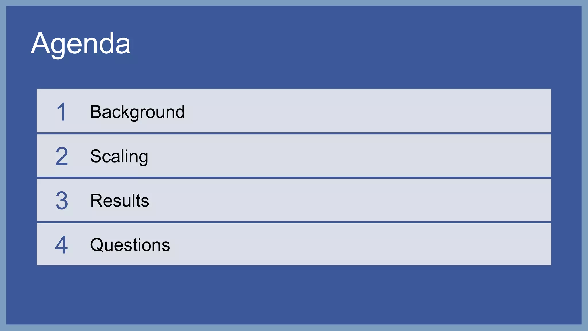 Agenda
1 Background
2 Scaling
3 Results
4 Questions
 