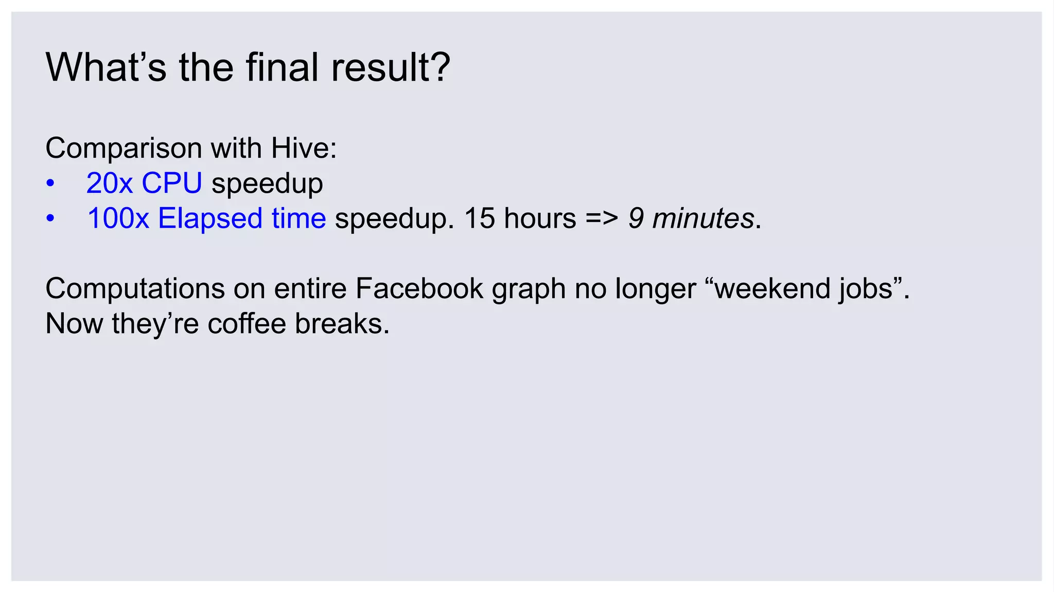 What’s the final result?
Comparison with Hive:
• 20x CPU speedup
• 100x Elapsed time speedup. 15 hours => 9 minutes.
Computations on entire Facebook graph no longer “weekend jobs”.
Now they’re coffee breaks.
 