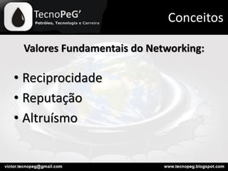 Valores Fundamentais do Networking:
• Reciprocidade
• Reputação
• Altruísmo
Conceitos
 