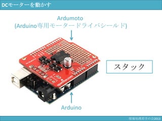 DCモーターを動かす
Ardumoto
(Arduino専用モータードライバシールド)
Arduino
スタック
情報科学若手の会2013
 