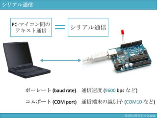 シリアル通信
PC-マイコン間の
テキスト通信
ボーレート (baud rate)
コムポート (COM port)
シリアル通信
通信端末の識別子 (COM10 など)
通信速度 (9600 bps など)
情報科学若手の会2013
 