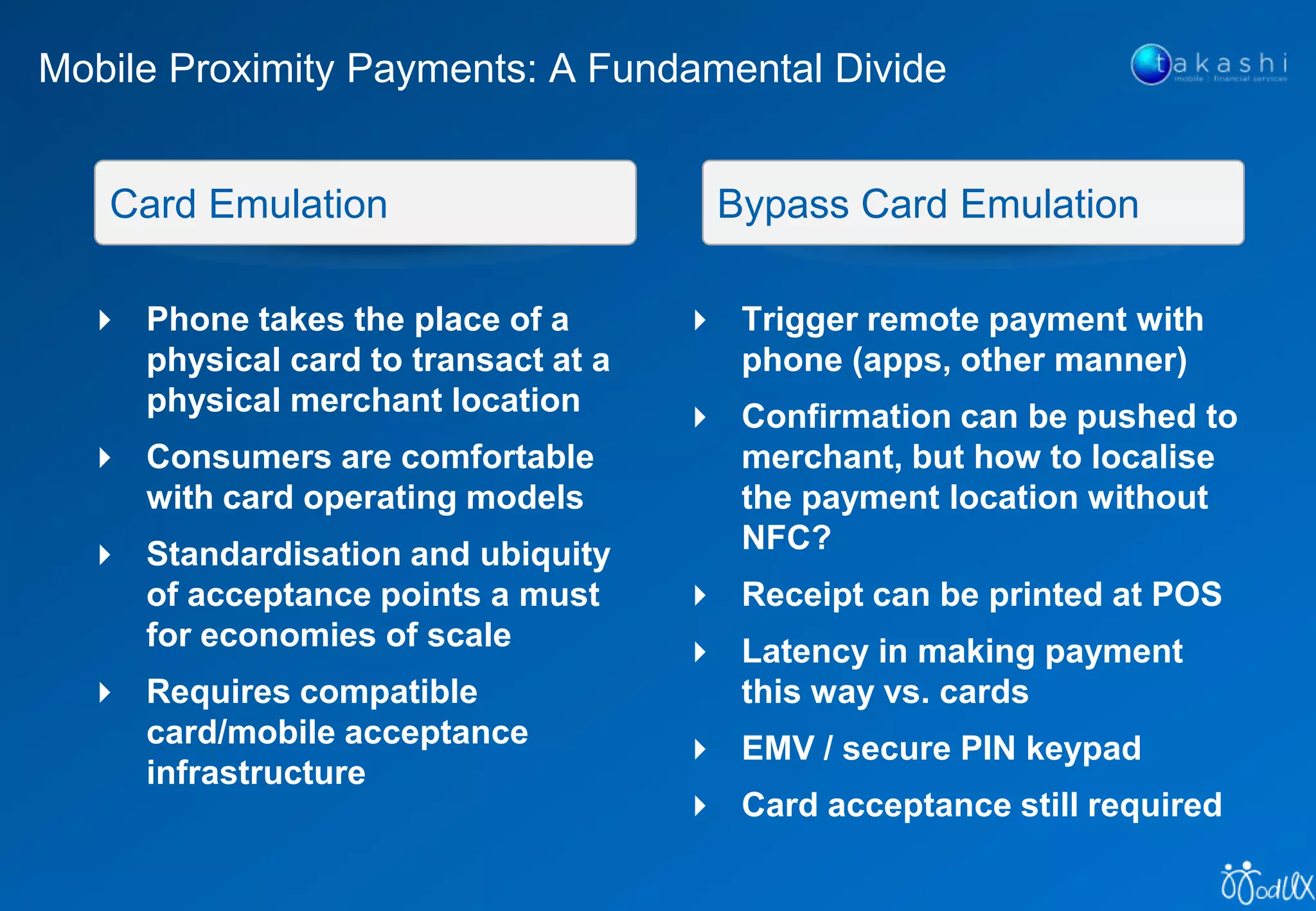 Mobile Proximity Payments: A Fundamental Divide
Card Emulation Bypass Card Emulation
 Phone takes the place of a
physical card to transact at a
physical merchant location
 Consumers are comfortable
with card operating models
 Standardisation and ubiquity
of acceptance points a must
for economies of scale
 Requires compatible
card/mobile acceptance
infrastructure
 Trigger remote payment with
phone (apps, other manner)
 Confirmation can be pushed to
merchant, but how to localise
the payment location without
NFC?
 Receipt can be printed at POS
 Latency in making payment
this way vs. cards
 EMV / secure PIN keypad
 Card acceptance still required
 